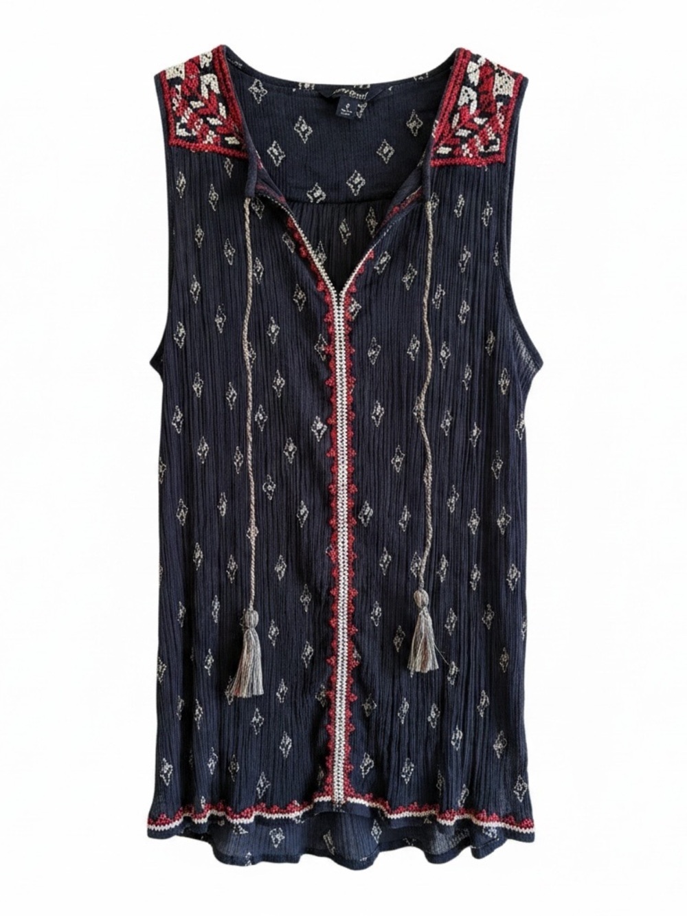 Boho Navy Sleeveless Embroidered Tassel Tunic
